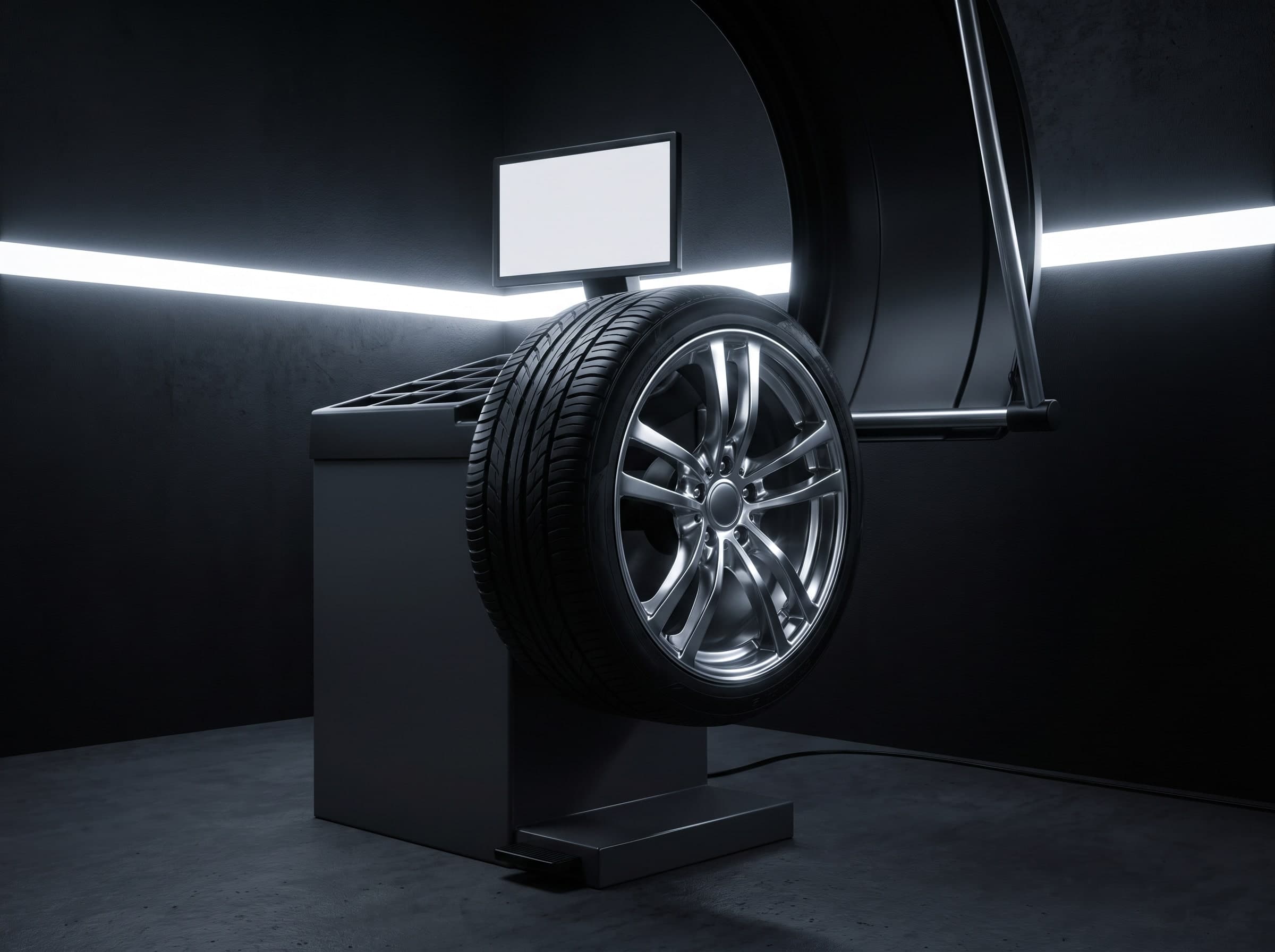 Rad mit Alufelge auf einer Auswuchtmaschine vor einer dunklen Wand mit Lichtleiste